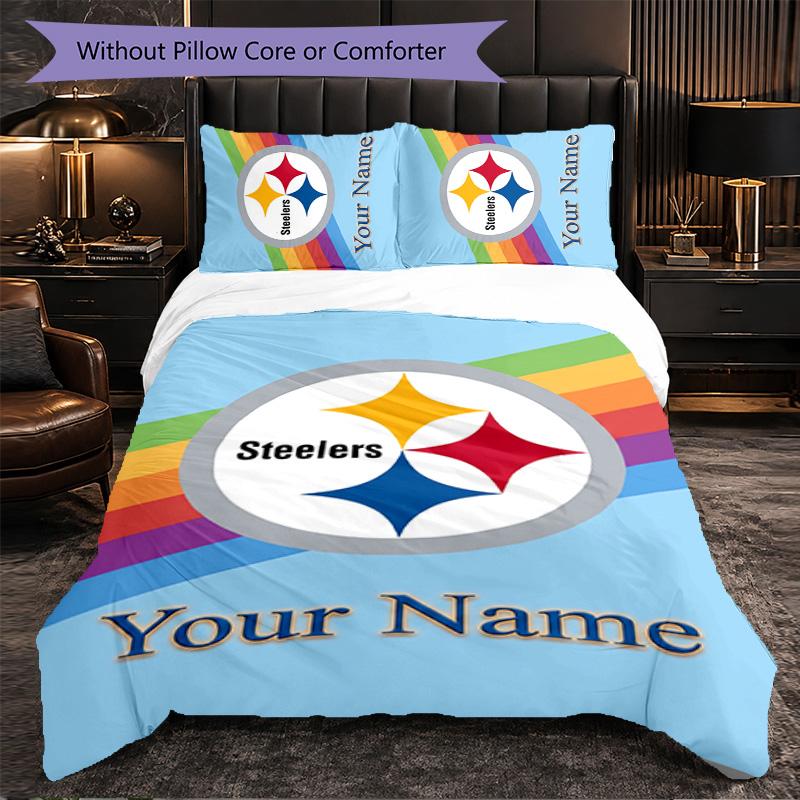 Pittsburgh Steelers Customized Name Text Bedding Set, 1 Duvet Cover & 2 Pillowcases Personalized Bedroom Gift