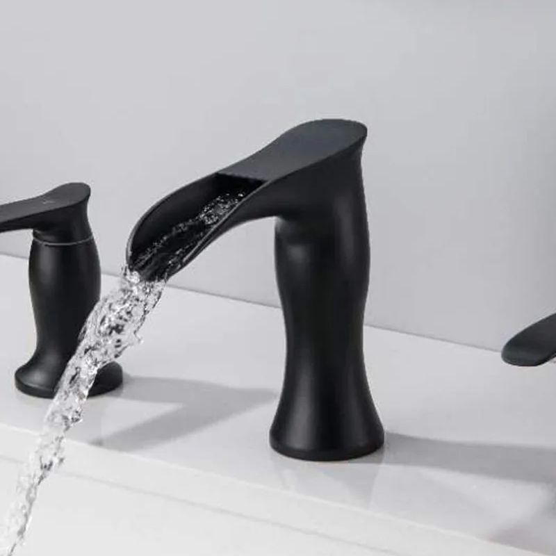 Black Waterfall Basin Faucet Double Handle Three Holes Bathroom Mixer Taps Crane Widespread Bathroom Deck Mounted Sink Tap
