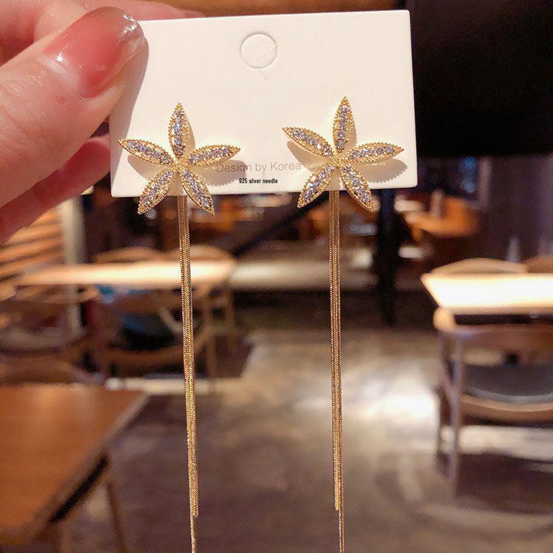 925 Silver Needle Korean Five-Petal Flower Tassel Earrings - Full Diamond, Long Style for Women