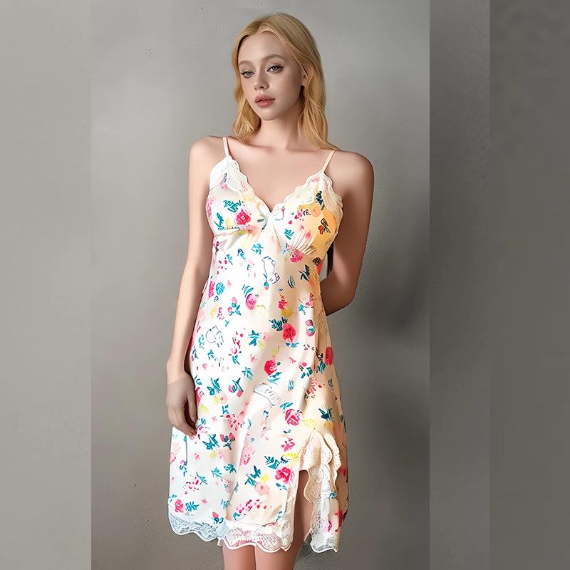 Women’s Sexy Lace Spaghetti Strap Ice Silk Nightgown Pajamas with Chest Pad - Summer Sweet Print