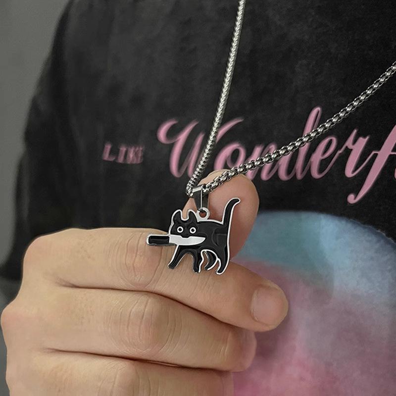 Stainless Steel Cartoon Knife Cat Pendant, Cute and Unique Couple's Necklace Accessory