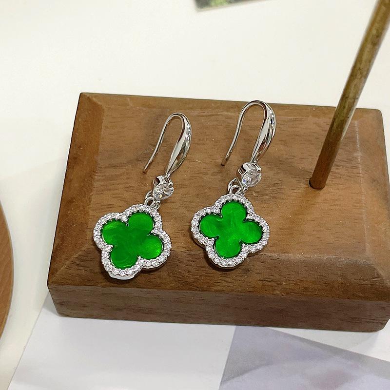 Red Four-Leaf Clover Earrings for Women - High-End, Fashionable Silver Jewelry with Chic Fragrance Style.