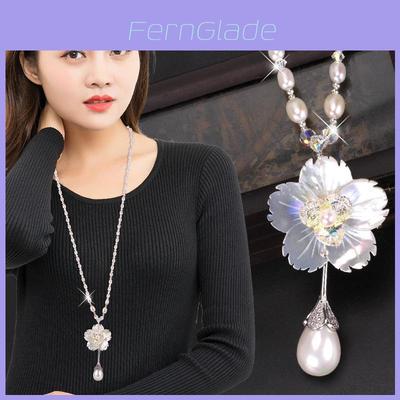 Pearl Necklace For Women Long Floral Pendant With Shell Material For Fashion Jewelry