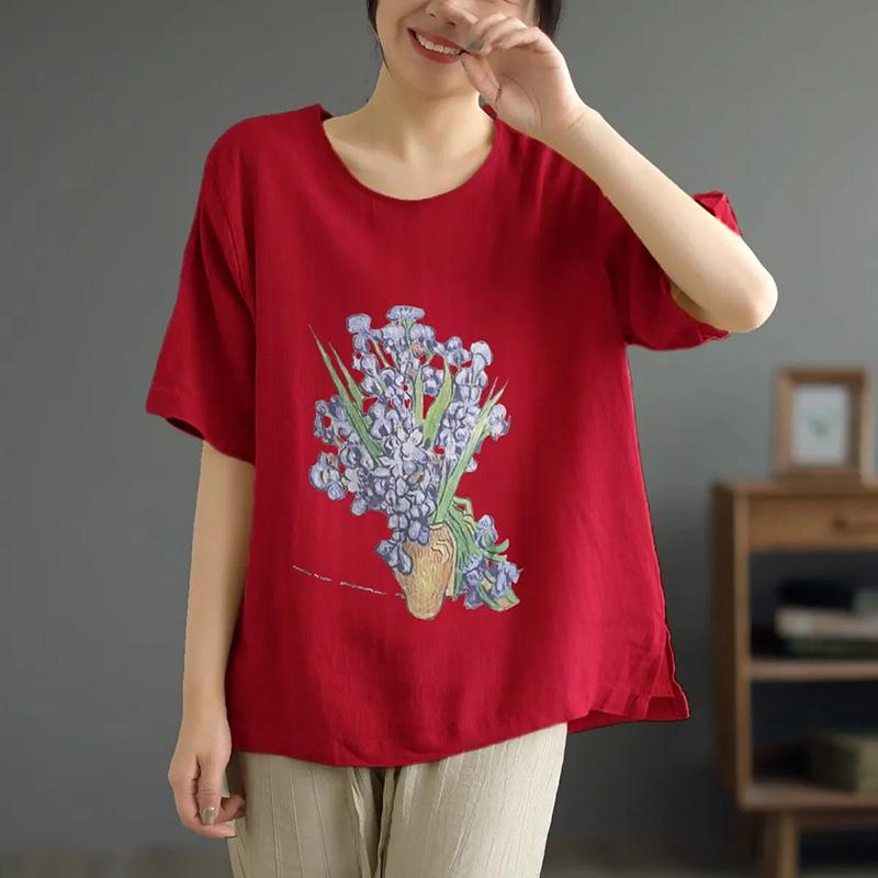 Tops Women Cotton Summer Large Size T-shirt Crew Neck Loose Printed Casual Pullover T-shirt Top