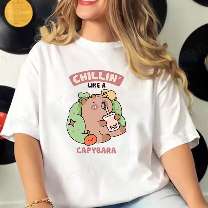 Fashion Chillin Like a Capybara Print T-Shirt Casual Short Sleeve Graphic Tee Shirt T Shirt Capybara Tops S