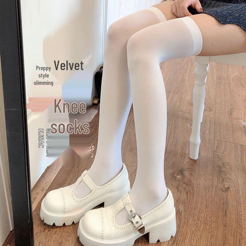 Women's White & Black Japanese Thigh High Silk Stockings - Spring/Summer Velvet Over-the-Knee Socks