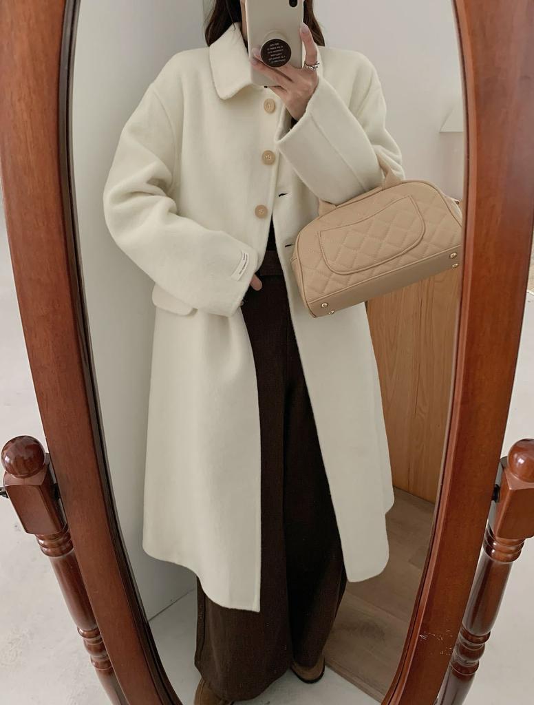 Doll collar high-end medium and long simple single-breasted double-sided wool coat, thickened large cuffs cashmere jacket