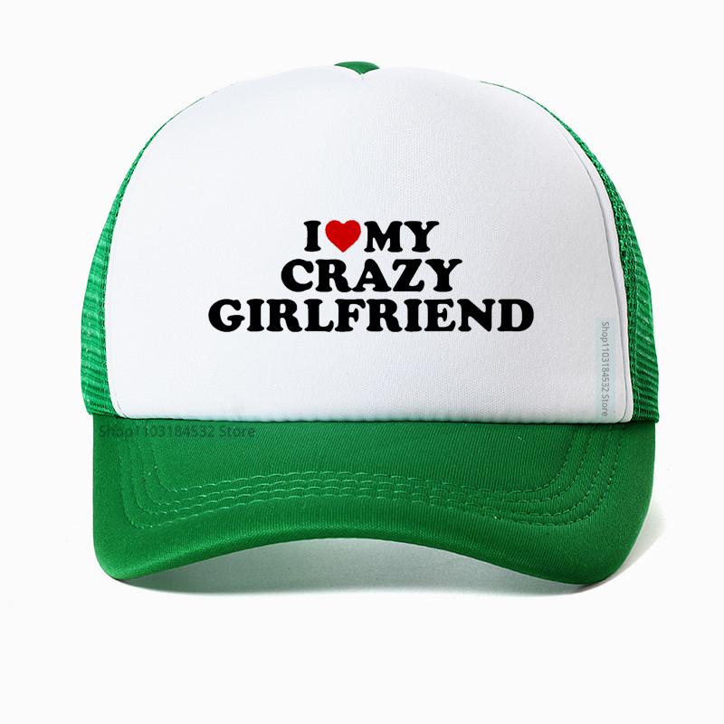 Funny I Love My Crazy Girlfriend GF Red Heart Baseball Cap Birthday Gift Summer Adjustable Mesh Breathable Trucker Hat