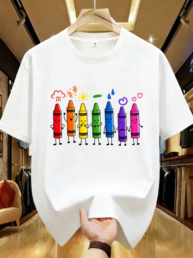 Wzm102141crayon Print Plus Size Unisexs Round Neck Summer Casual Short Sleeved Street Fashion Versatile Tshirt