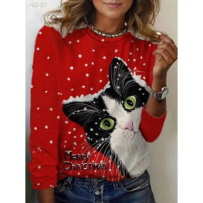 2025 Christmas Women's T Shirt Graphic Santa Claus Snowman Fashion Casual Long Sleeve Crew Neck Regular Tops Print Spring Fall