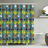 Halloween-Themed Shower Curtain With Colorful Pumpkins, Ghosts, Witches Hats Brooms On Teal Background For Bathroom Decoration W