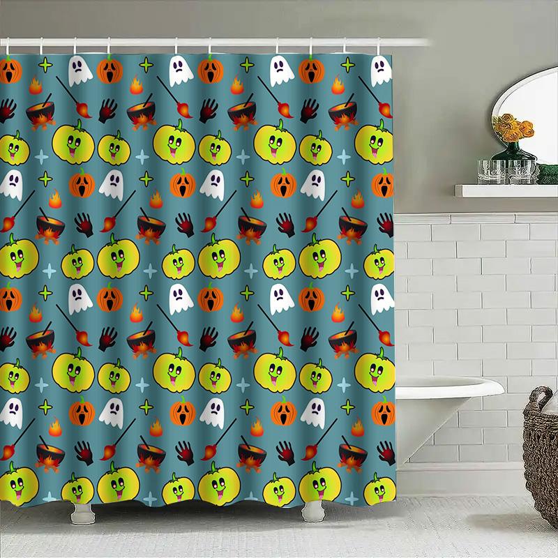 Halloween-Themed Shower Curtain With Colorful Pumpkins, Ghosts, Witches Hats Brooms On Teal Background For Bathroom Decoration W