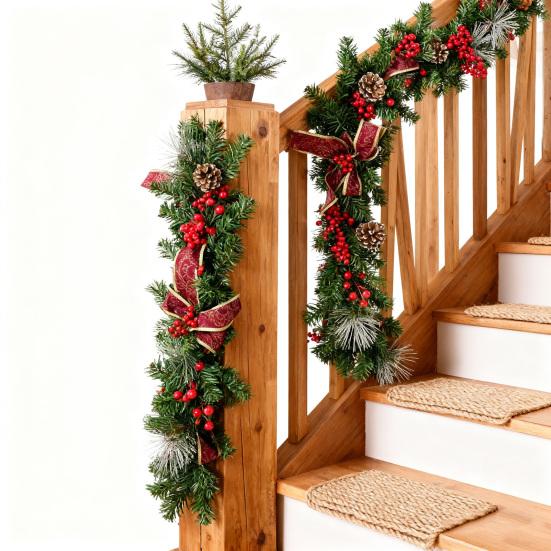 180/270CM Christmas Artificial Pine Garland with Bow Red Berries Pinecone Faux Pine Needle Rattan Mantle Fireplace Porch Hanging Decoration