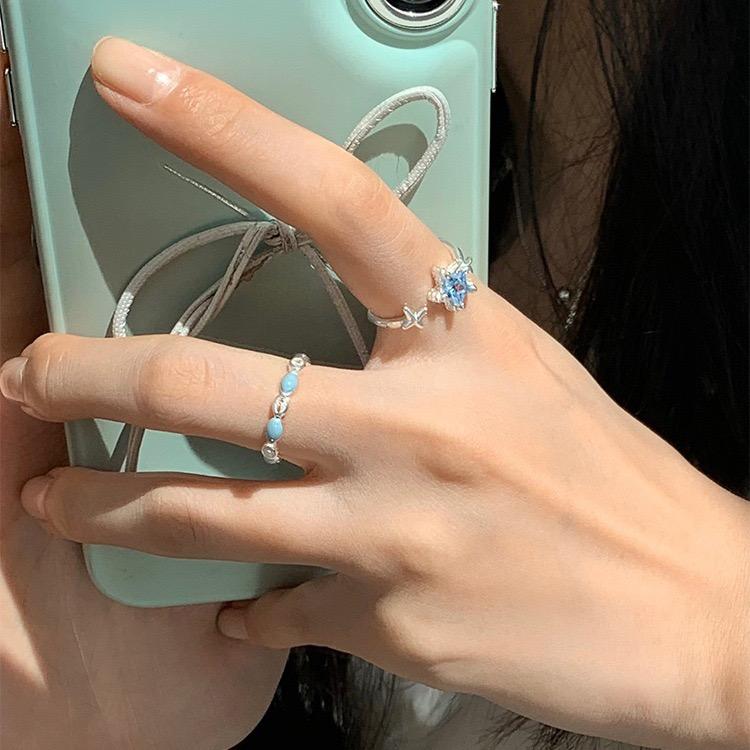 925 Sterling Silver Rings For Women Geometric Fine Jewelry Finger Adjustable Blue Flower Ring For Party Birthday Gift