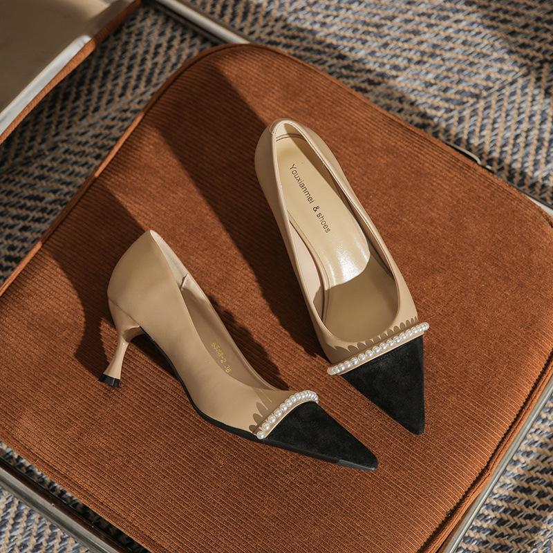 

- [Овчина] Французские жемчужные туфли на высоком каблуке для женщин, новая цветовая гамма, универсальные и удобные туфли-лодочки с острым носком и средним каблуком для женщин 40