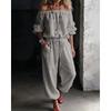 Womens Off Shoulder Long Sleeve Top Drawstring Waist Tapered Pants Two Piece Casual Outfit