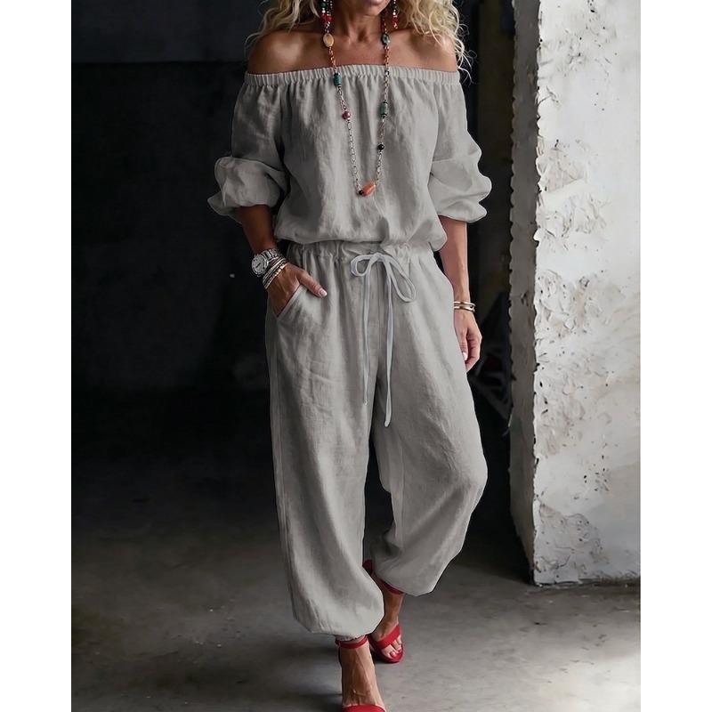 Womens Off Shoulder Long Sleeve Top Drawstring Waist Tapered Pants Two Piece Casual Outfit