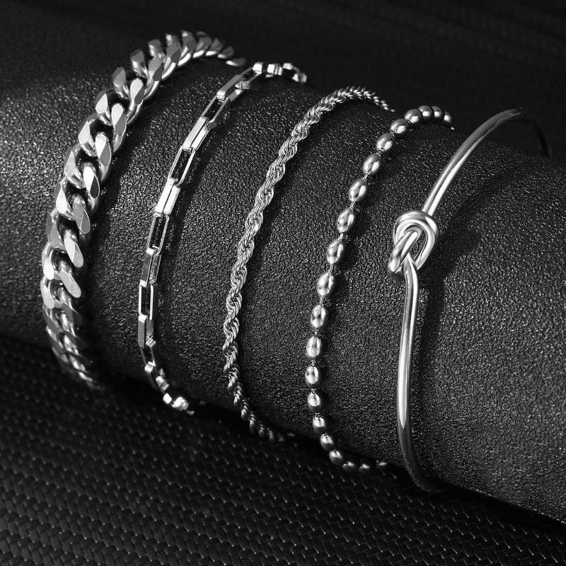 

5 шт./компл. Браслет из нержавеющей стали в европейском и американском трансграничном модном тренде, браслет-скрепка, кубинская цепочка, многослойный браслет-цепочка «змеиная кость» серебряный