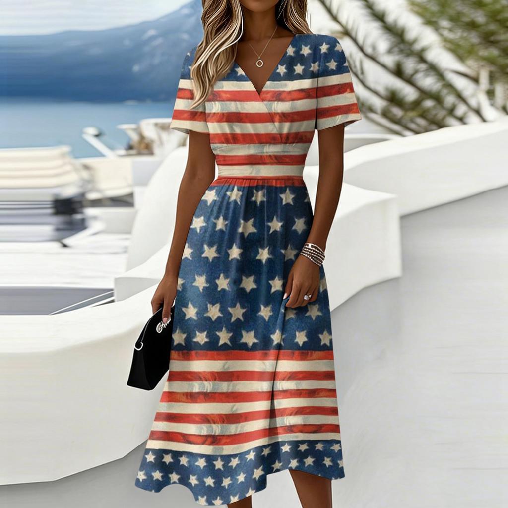 Women's Independence Day Print Casual Fashion Short Sleeve V-Neck Dress