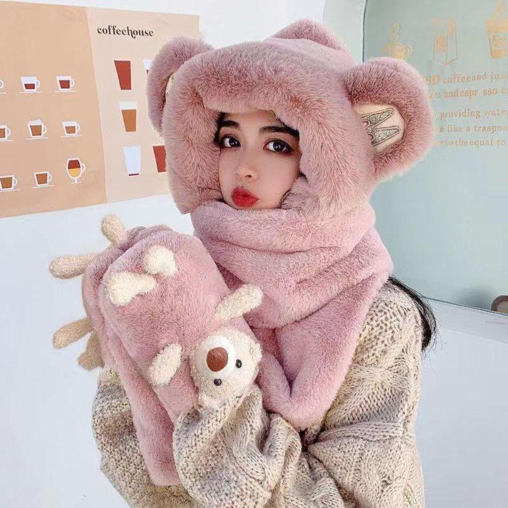Fashion Thickened Hat Scarf Gloves Set Cute Bear Ear Winter Warm Ear Protection Cap Fleece-lined and Thickened Hat Outdoor