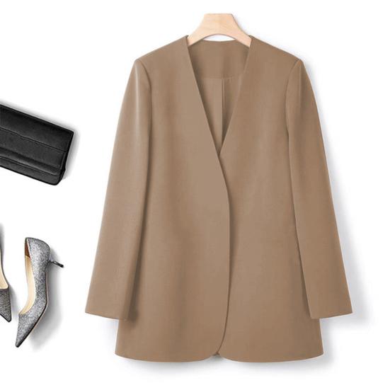 Women Suit Coat Collarless Long Sleeve Solid Color Casual Coat Loose Fit No Buttons Cardigan Style Outerwear Work Wear