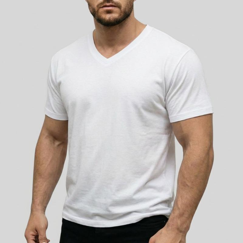 

Men V Neck Short Sleeve T Shirt Slim Fit Solid Color Casual Basic Top S