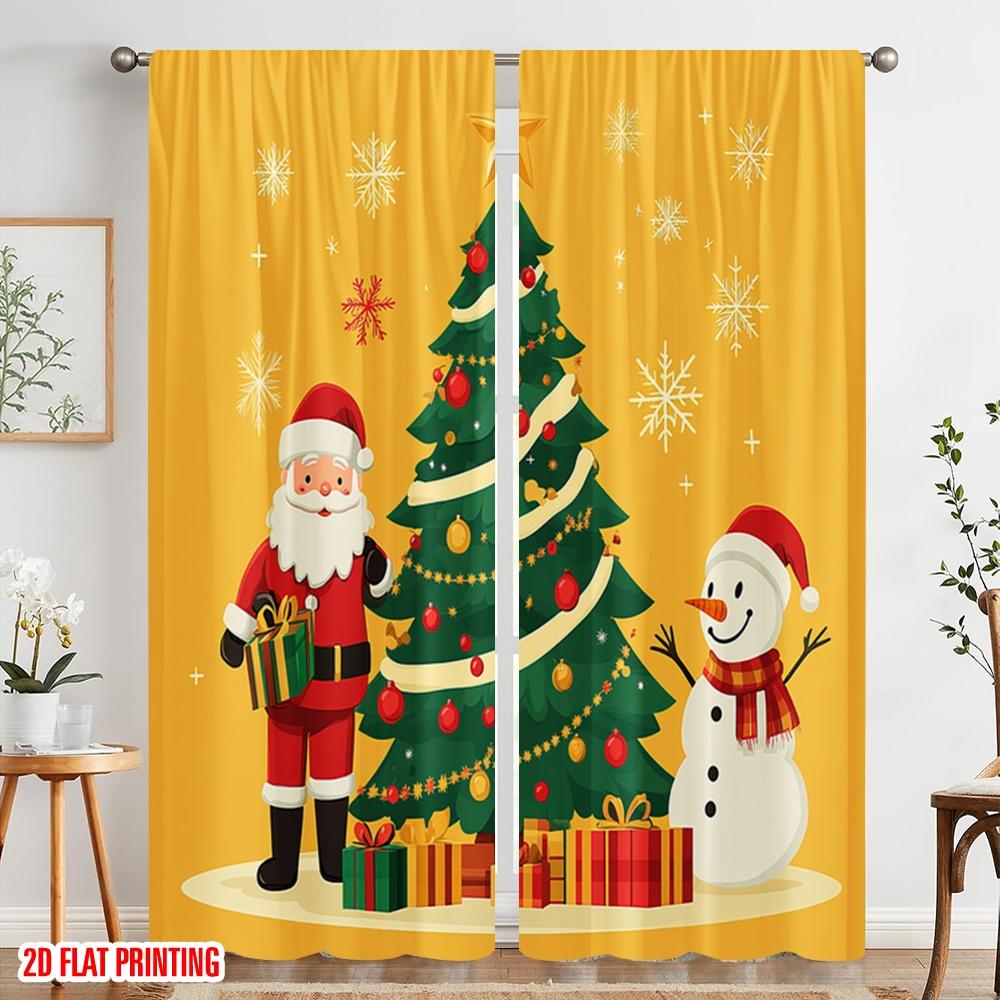 2 Stück, 2D-Flachdruck Druckvorhänge Weihnachtsbaum Weihnachtsmann Schneemann Geschenke 100% Polyester (ohne Stange) Festlicher Gebrauch für Schlafzimmer,
