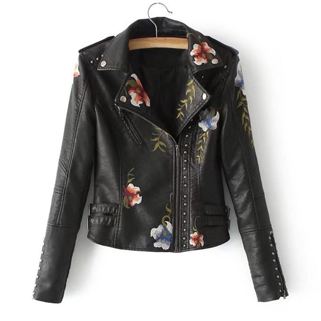 Womens Casual Long Sleeve Embroidered Studded Zipper Slim Leather Jacket