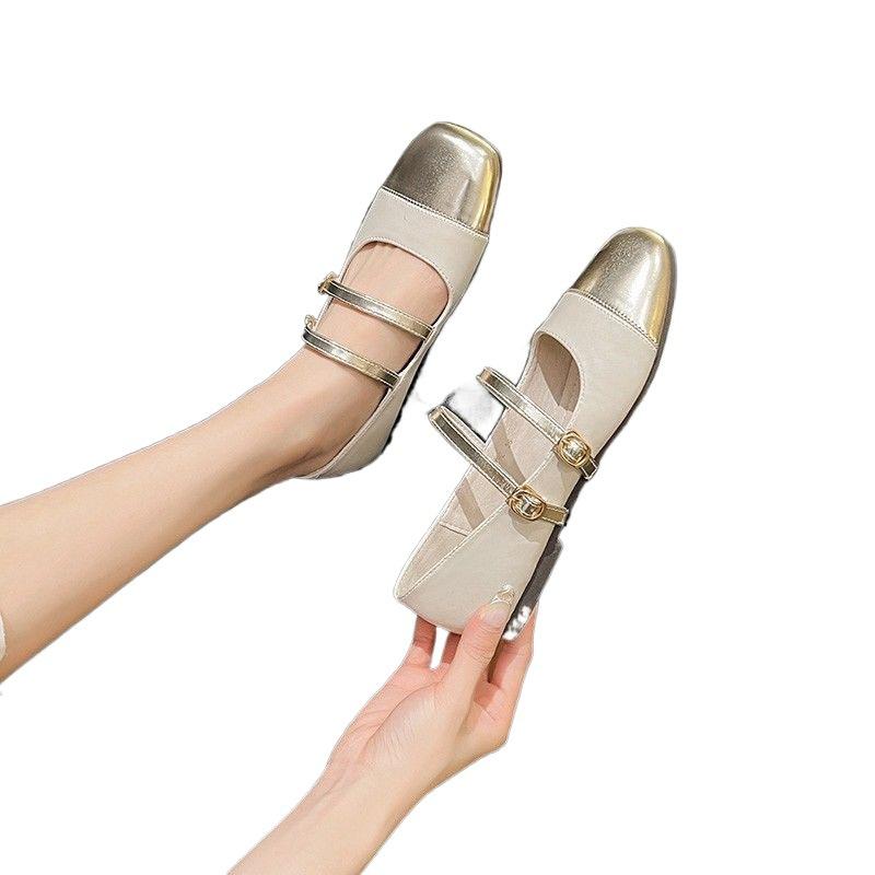 Xiaoxiangfeng Flat-bottomed Mary Jane Women's Shoes Fairy Wind Square Head Splicing Soft Casual Versatile One-word Buckle Light Mouth Single Shoes