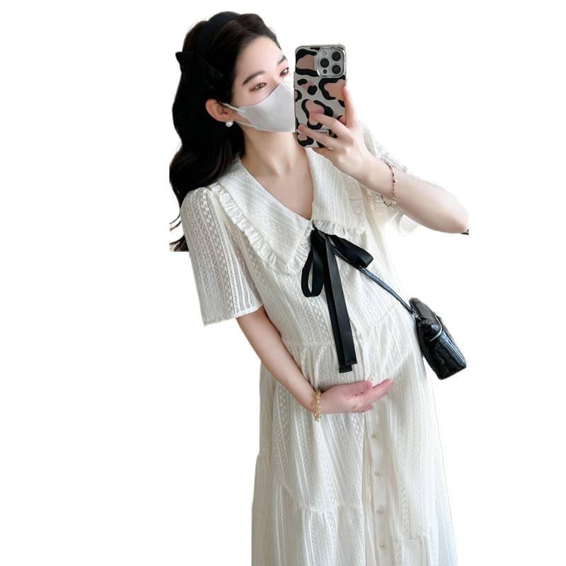 2026 Summer College Style French White Doll Collar Maternity Long Dress - Age-Reducing, Loose, and Slimming Fit