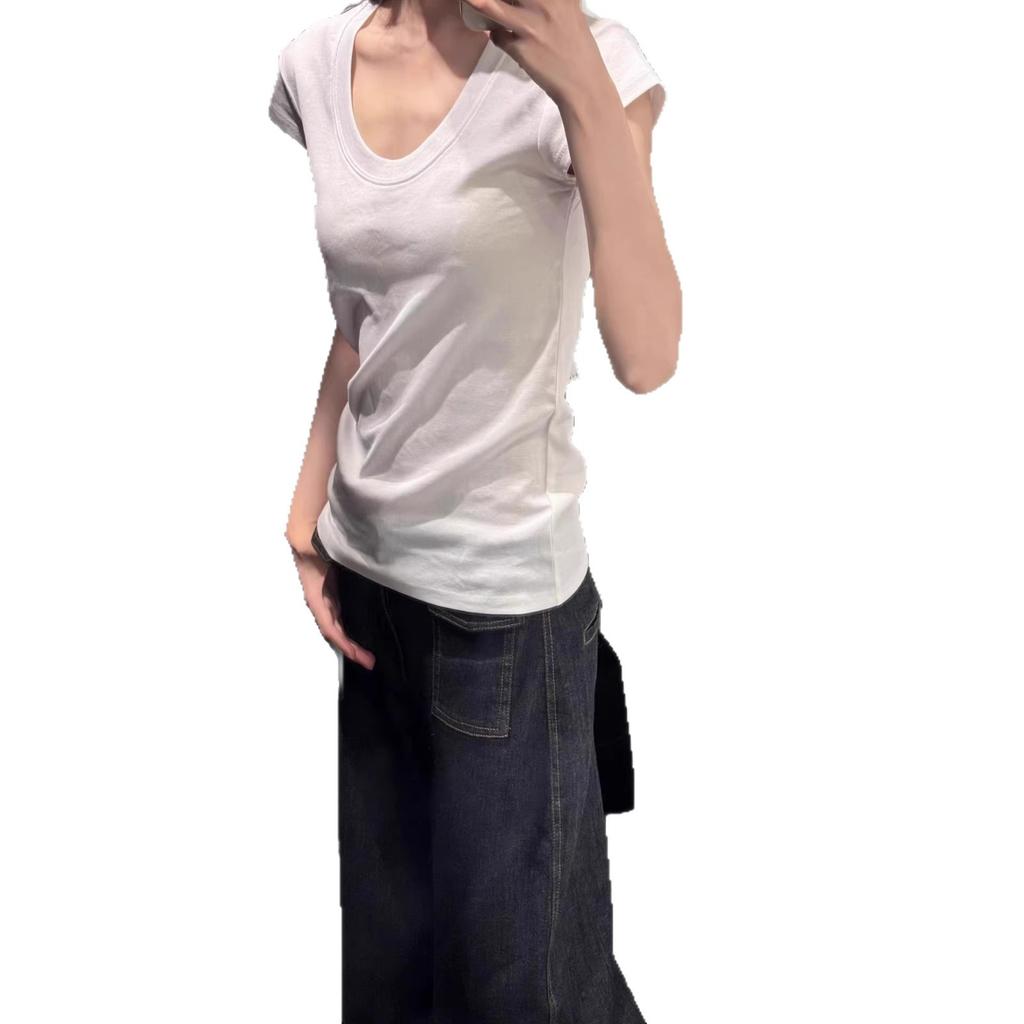 Factory Front Shoulder U-neck Short-sleeved T-shirt Women's Spring Summer Loose and Thin Simple New White Top Trendy