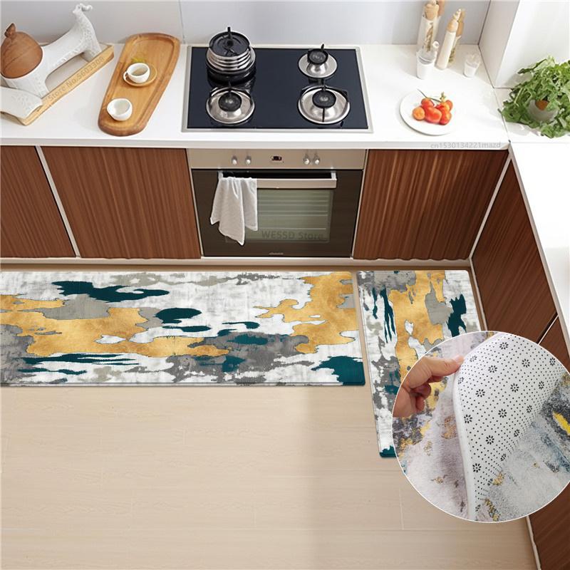Soft Velvet Kitchen Rug Set With Abstract Print Non-slip Absorbent  Washable Doormat Bathroom Floor Mat