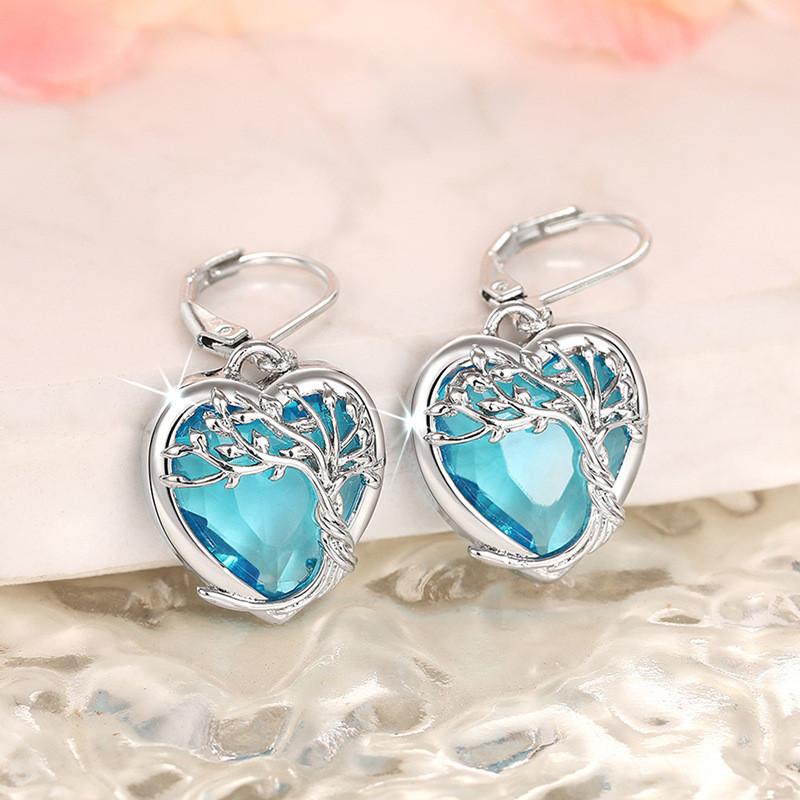 925 Sterling Silver Blue Crystal Heart Zircon Earrings For Woman Vintage Tree Shaped Engagement Charm Jewelry Gift