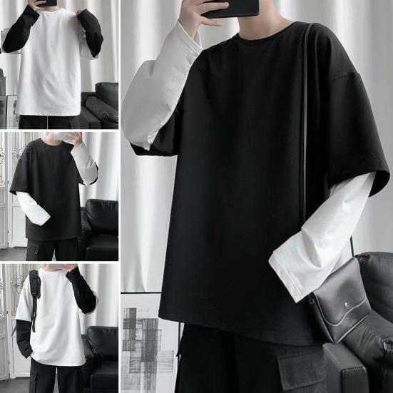 Männer T-shirt Gefälschte Zwei Stück Rundhals Langarm Kontrast Farbe Pullover Frühling Lose Patchwork Bodenbildung Shirt Streetwear