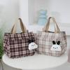 Cartoon Casual Plaid Pattern Canvas Versatile Handbag With Plush Pendant Office Worker Lunch Bag Tote Bag Mountaineering Bag