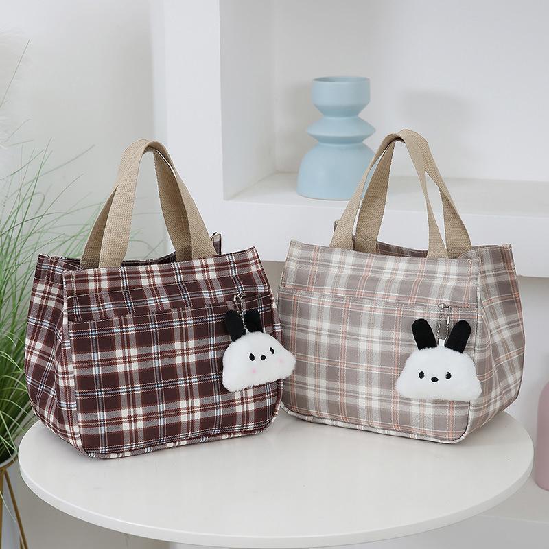 Cartoon Casual Plaid Pattern Canvas Versatile Handbag With Plush Pendant Office Worker Lunch Bag Tote Bag Mountaineering Bag