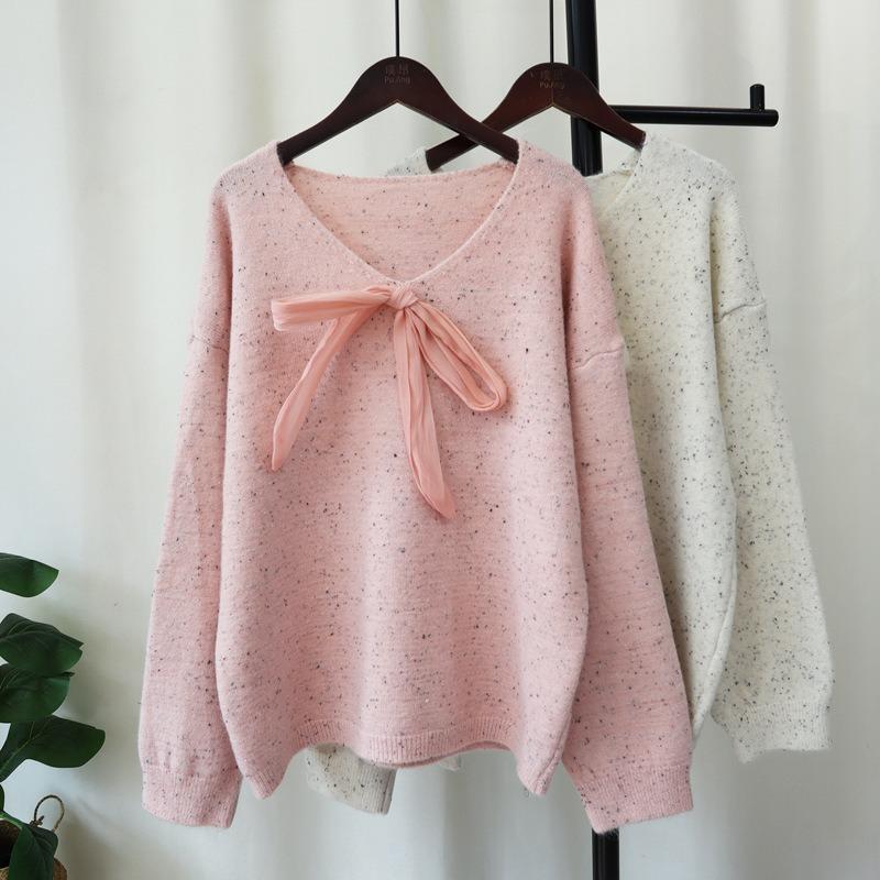 Autumn and Winter New Color Dot Lace-up Bow Knitted Sweater Top Loose Soft Waxy Gentle Wind Sweater Pullover Woman