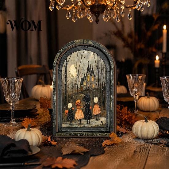 Rustic Wood Halloween Sign Arched Wooden Wall Decor, Ghost Cat Hanging Ornament, Distressed Gothic Waterproof Art Tabletop Decor Plaque, Spooky