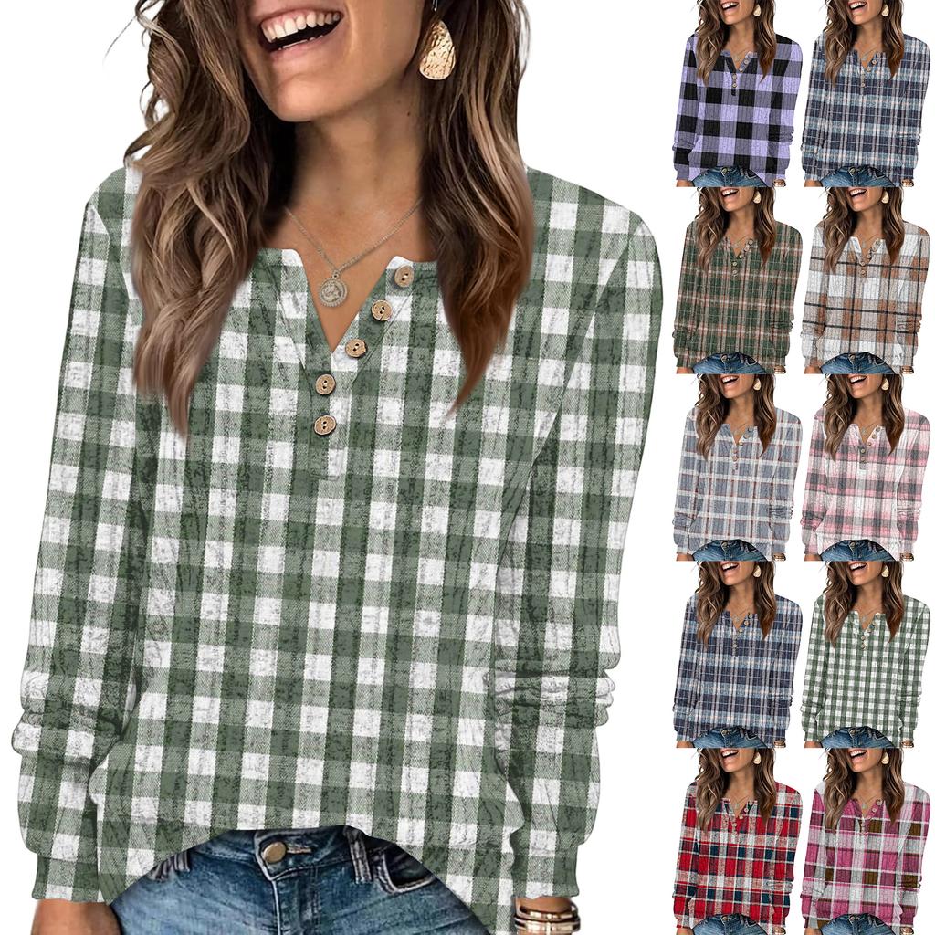 Women's Fashion V-Neck Button-Up T-Shirt With Check Print Long Sleeves