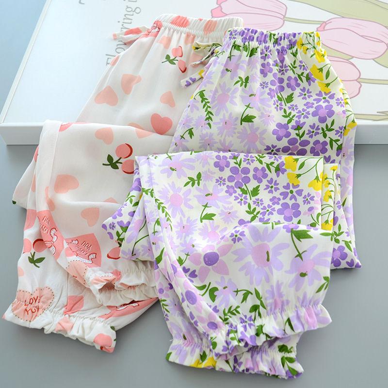 Sommer Mädchen Baumwolle und Seide Mückensichere Hose Dünn und Vielseitig Kinder Blumen Laternenhose Kunstbaumwolle Freizeithose