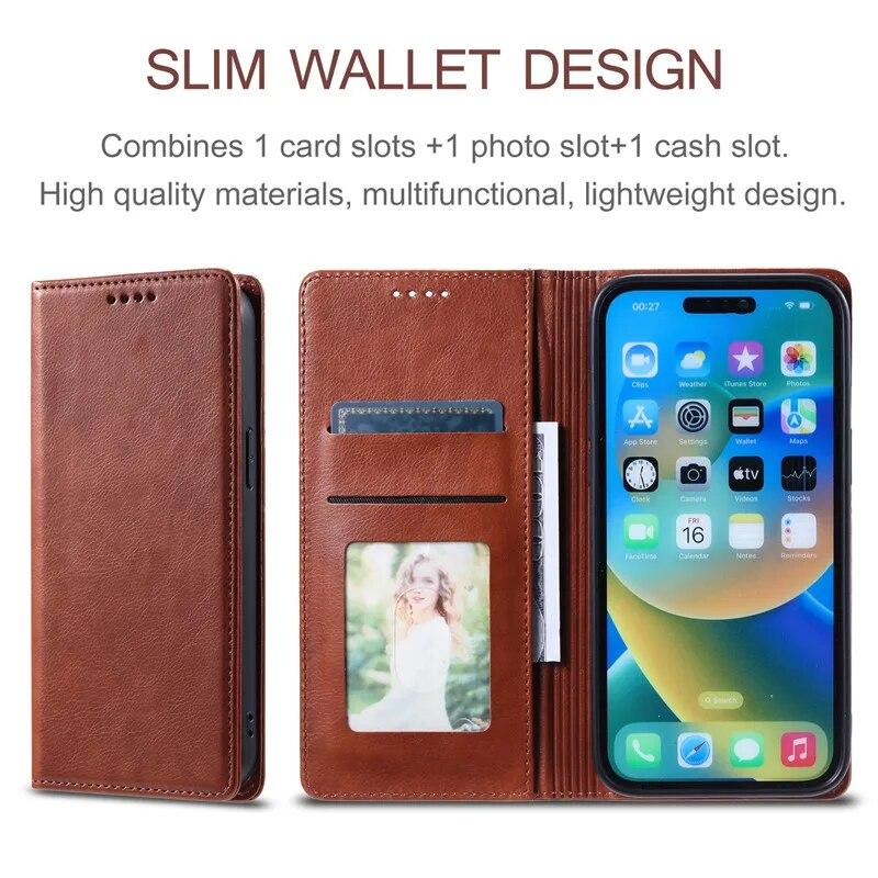 Leather Wallet Card Phone Case for iPhone 15 Pro Max 14 Plus 13 12 Mini 11 For Samsung Galaxy S23 Ultra S22 S21 S20 FE A54 A34 A14 A73 A53 Flip Cover
