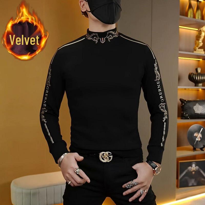 Men s Velvet Hoodie - Light Luxury Modern Slim Fit Korean Style Top L чёрный