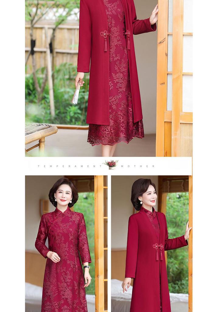 Elegant Midi-Length Two-Piece Cheongsam Dress for Mothers-in-Law - Spring/Autumn Style