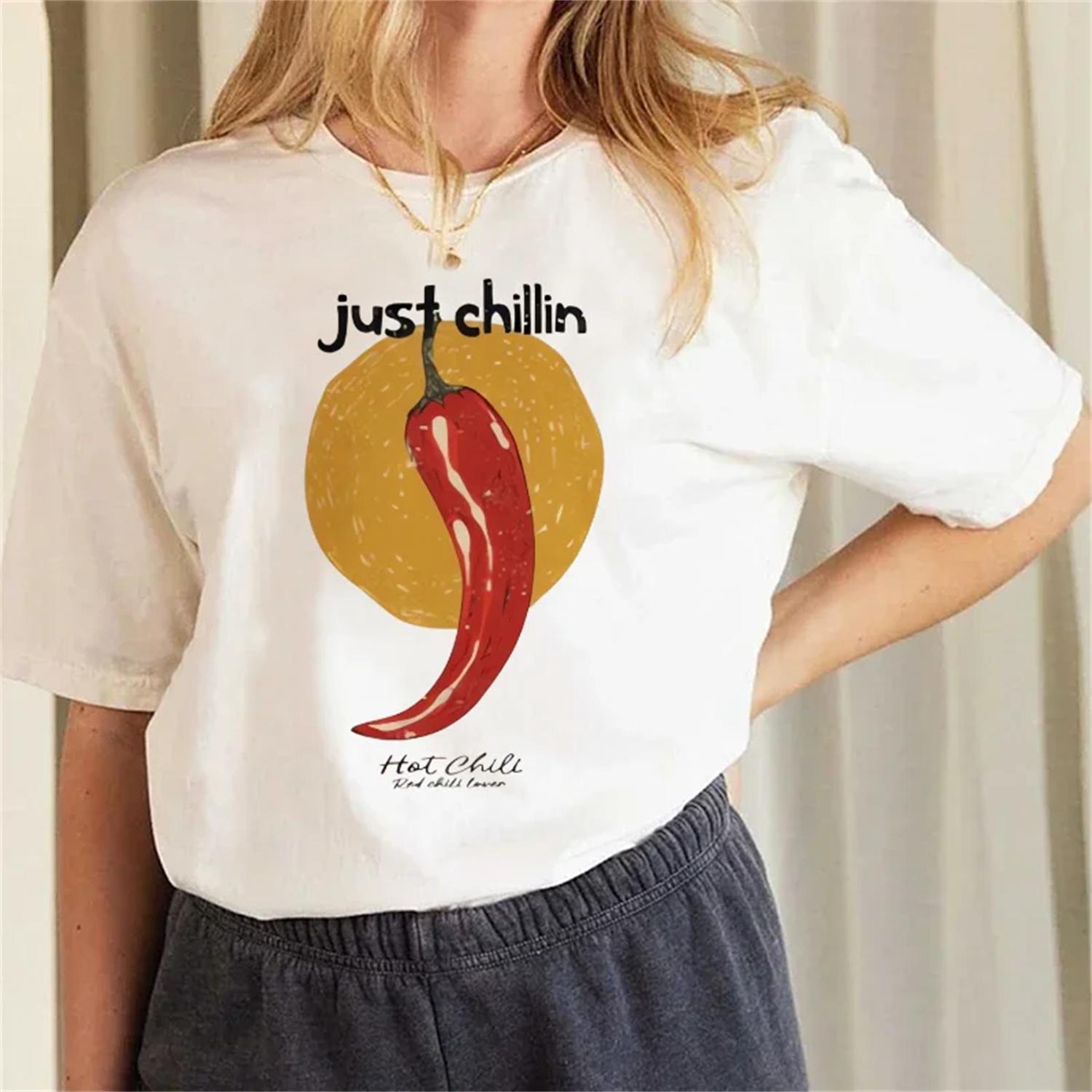 

Red Chili Print Pattern Women s Top Short Sleeve Round Neck Basic T-Shirt Summer Women s Simple Cartoon Casual Popular T-Shirt XXXXXL білий