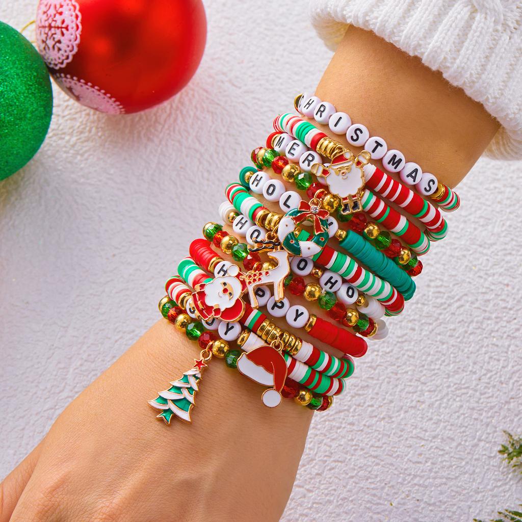 12pcs Christmas Bracelet Set Colorful Soft Clay Crystal Beads Santa Claus Tree Pendant Bangle Party Jewelry Xmas Gifts for Girls