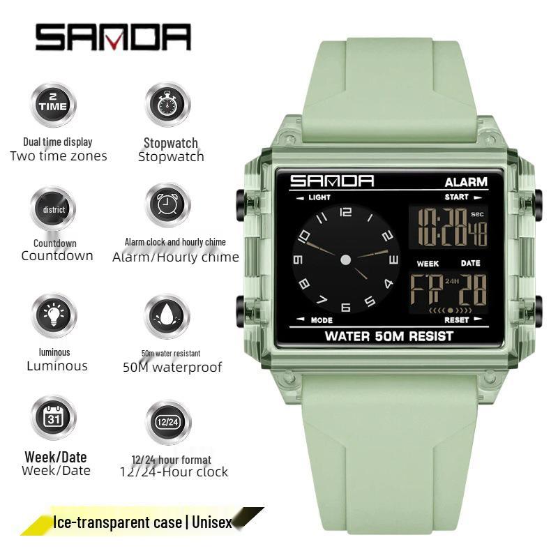 Sanda Dual Time Waterproof Transparent Sports Wristwatch with Colorful Single Display and Student Timer Function