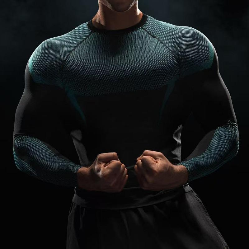 Herren Langarm Kompressionsshirt Mesh-Einsatz Feuchtigkeitsableitend Sportlich Fitness Enges Oberteil