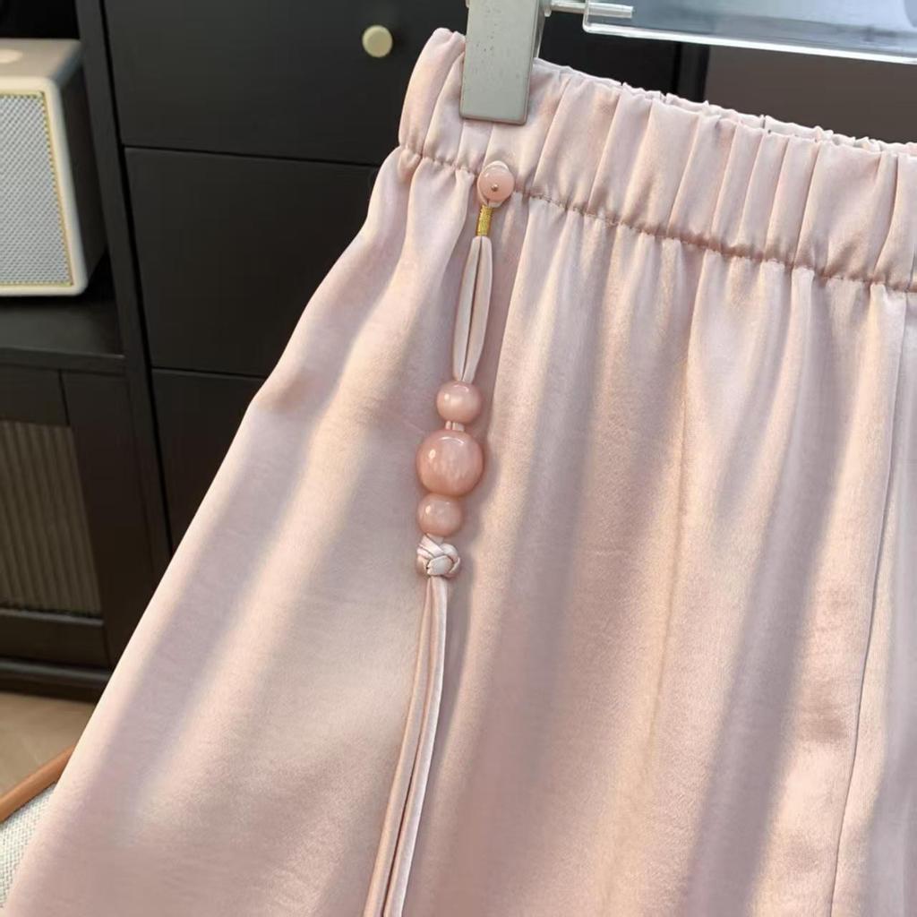 Pantaloni a zucca in raso a vita alta: Nuovo Stile Cinese, Vita Elastica Modellante, Gamba Dritta, Versatile e Trendy