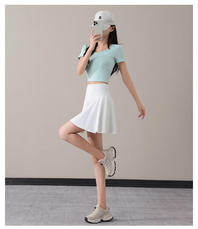 Women's Summer 2025 Tennis & Badminton Fitness Set: Yoga Short Sleeve, Running Skirt, & Chest Pad