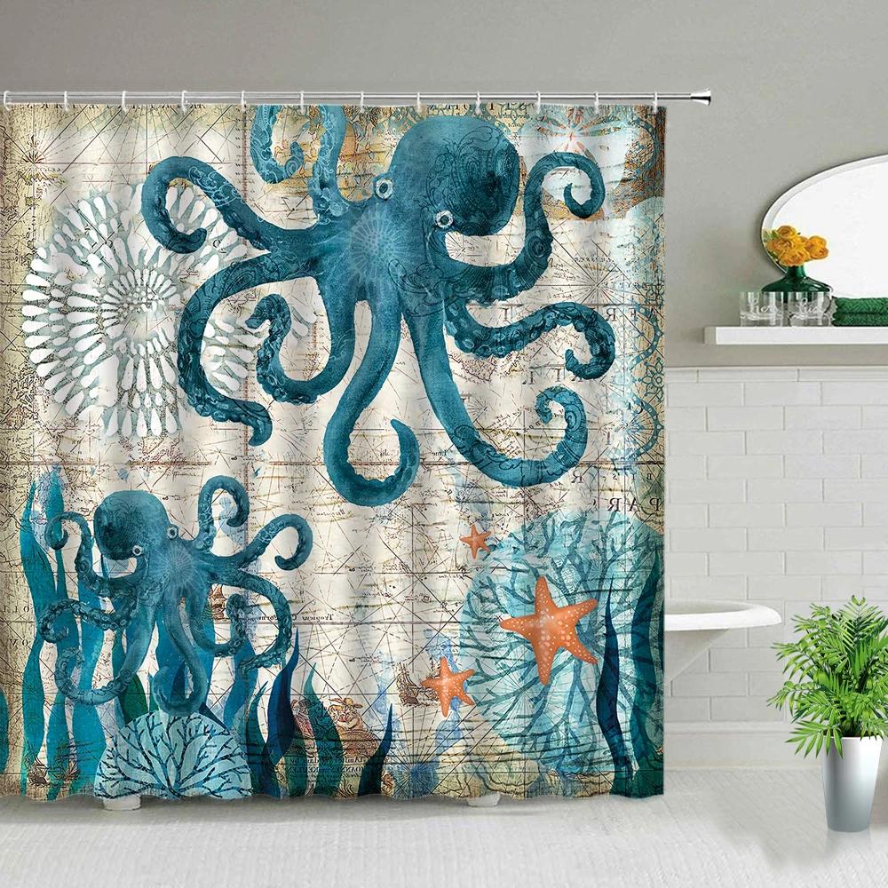 Cortinas de Chuveiro Peixe Tubarão Desenhos Coloridos Vida Marinha Banheiro Infantil Decoração de Casa Conjunto de Cortinas de Tecido Telas de Banho Impermeáveis